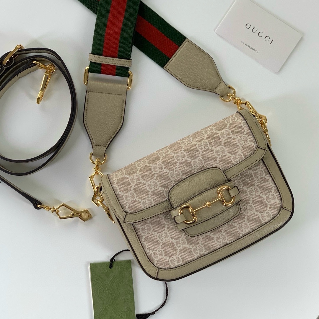 Gucci Horsebit 1955 Series Saddle Bag Mini Handbag Beige and White